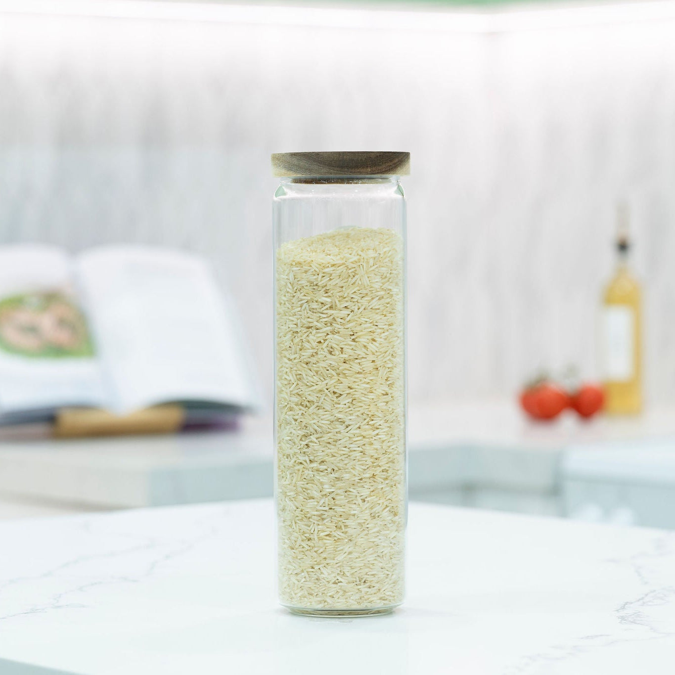 Round Glass Acacia Storage Jar Set – 5 Pack