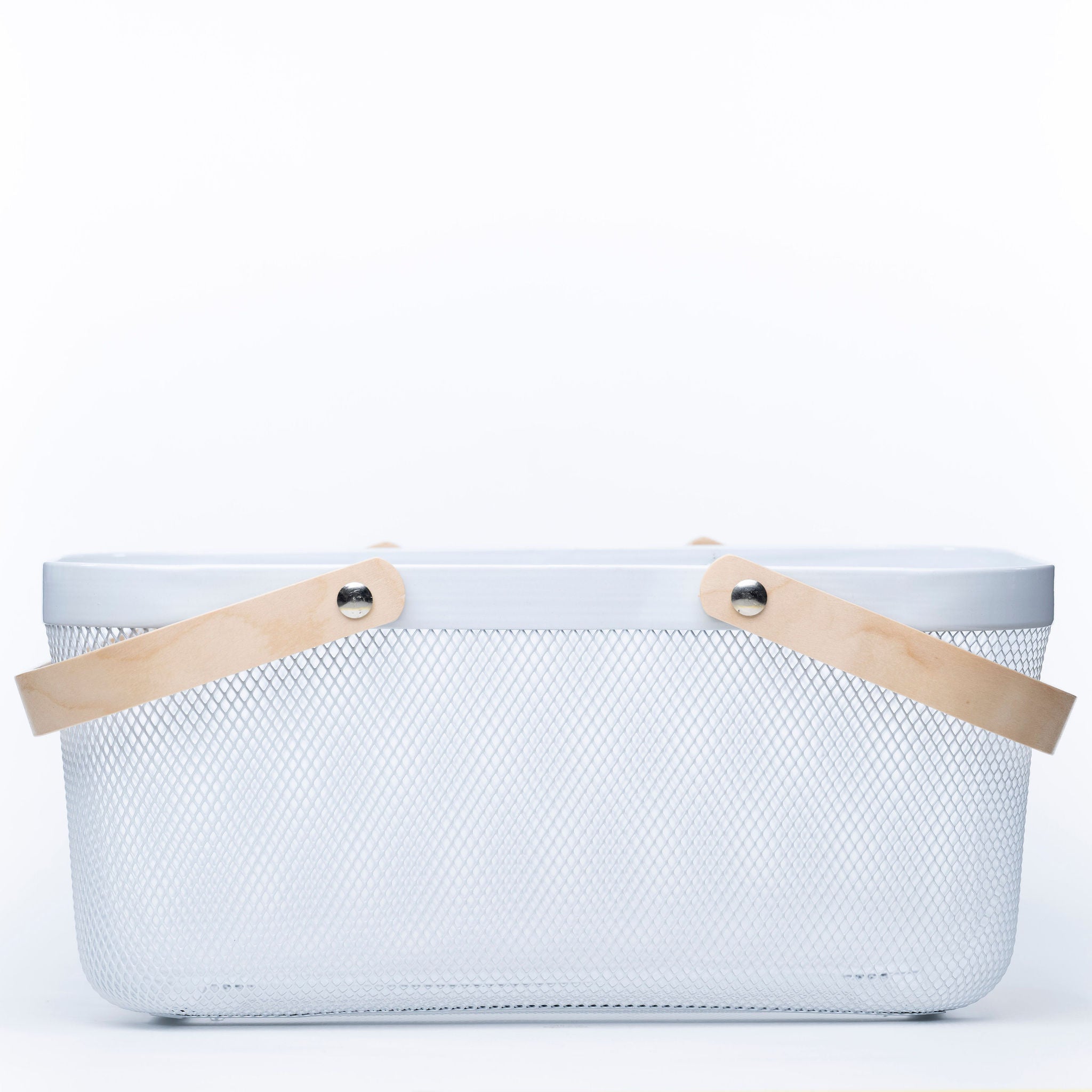 Large White Mesh Basket with Wooden Handles