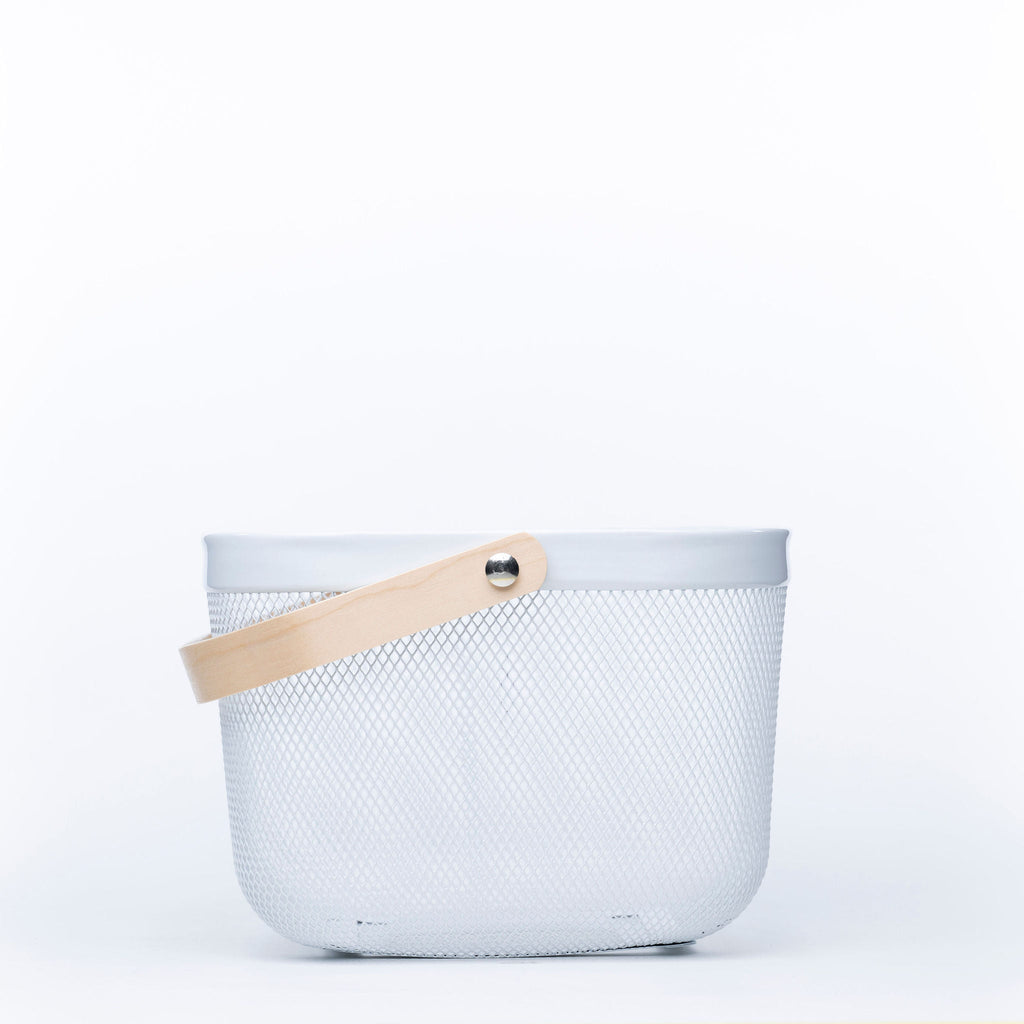 Small White Mesh Basket with Wooden Handle