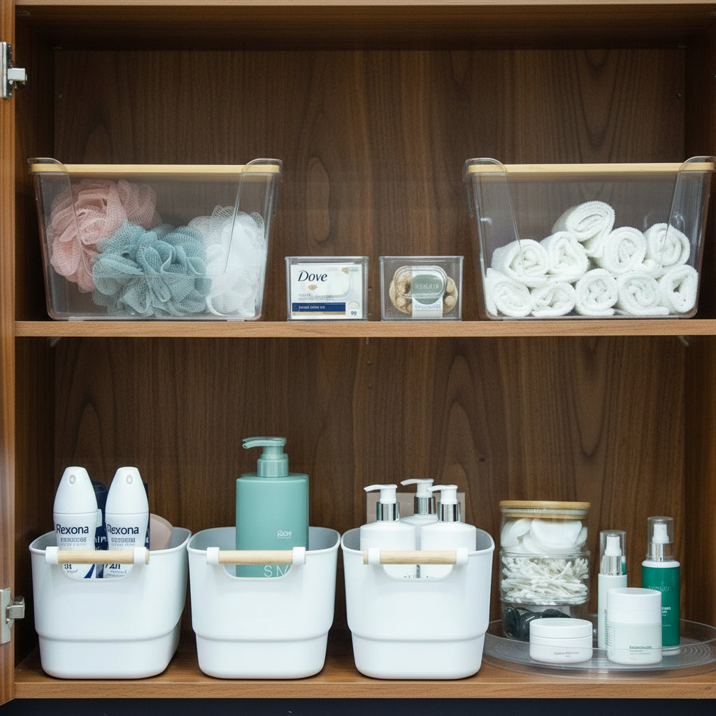 Bathroom shelf with various toiletries including bottles, containers, and towels.