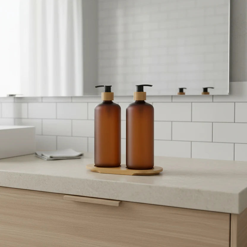 Amber Plastic Pump Bottles + Bamboo Tray – 500 ml Set