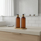 Amber Plastic Pump Bottles + Bamboo Tray – 500 ml Set