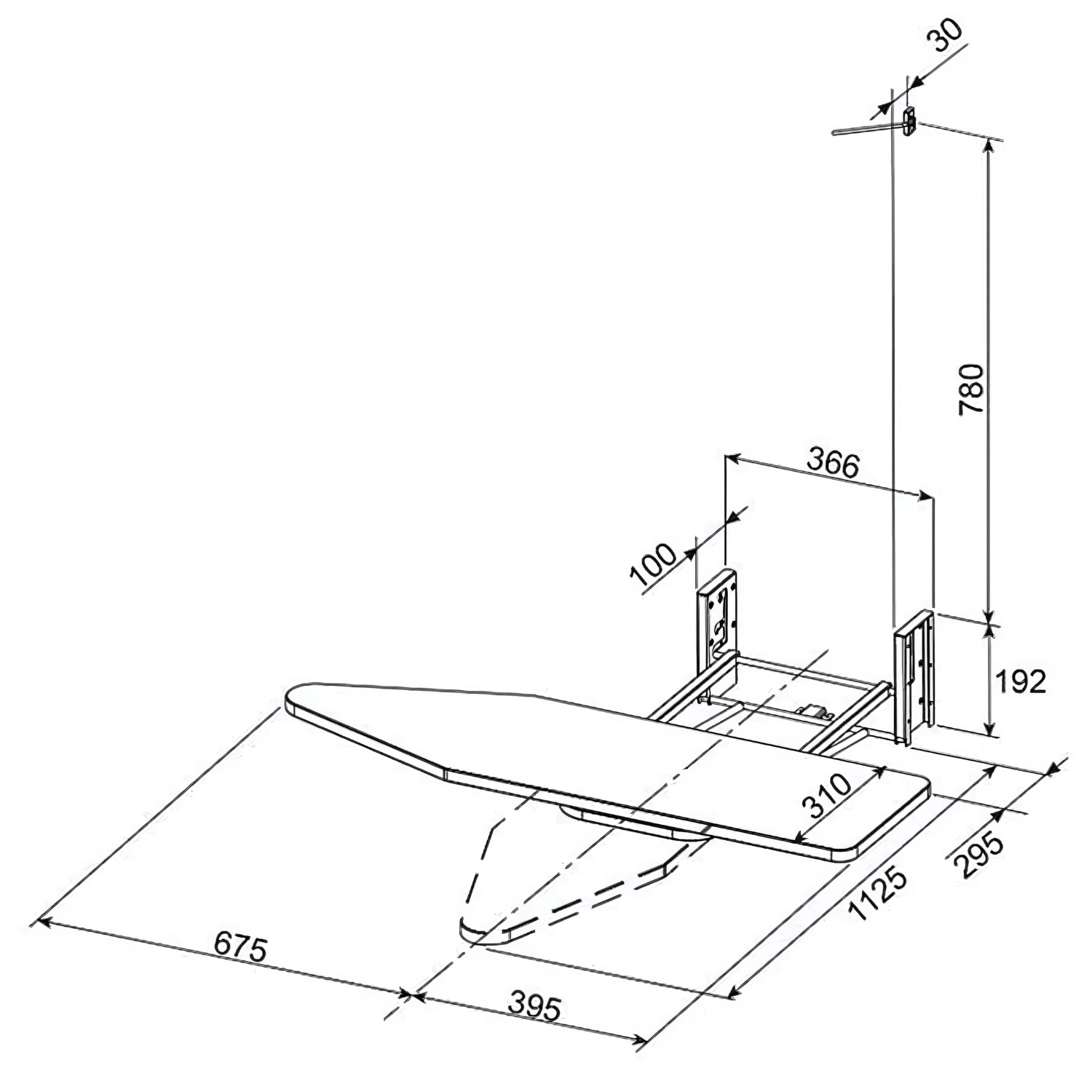 Diagram of a Robinhood builtin ironing board with measurements for home organisation, space-saving laundry solutions.