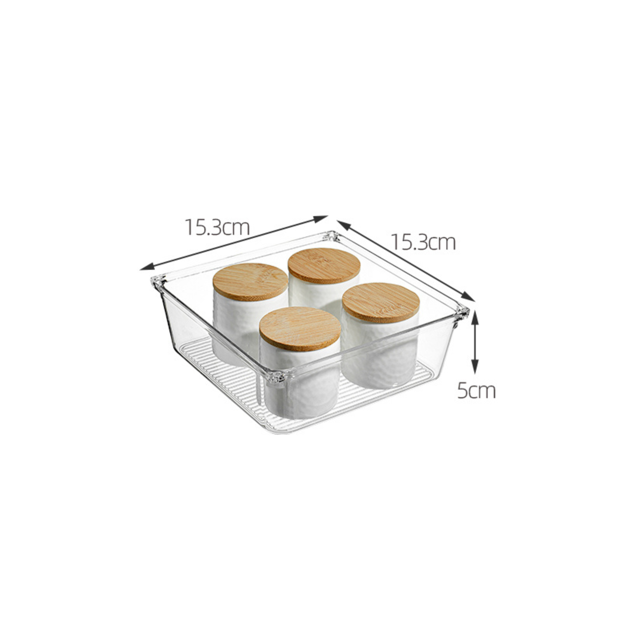 Clear Drawer Organiser Set – 8pc Modular Storage with bamboo jars, perfect for pantry and fridge use.