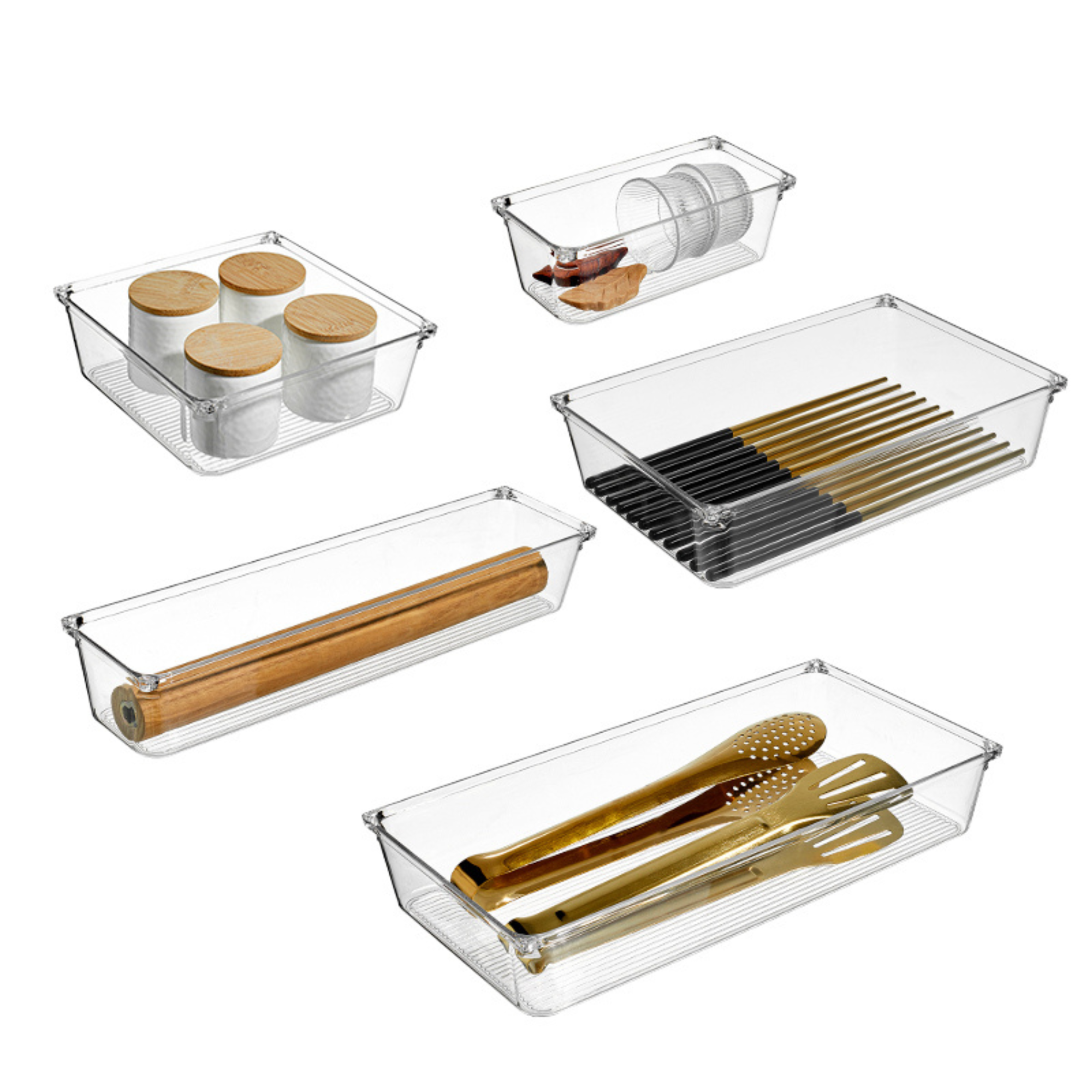 Clear Drawer Organiser Set – 8pc Modular Storage for pantry and bathroom; bamboo jars, fridge tubs, home organisation essentials