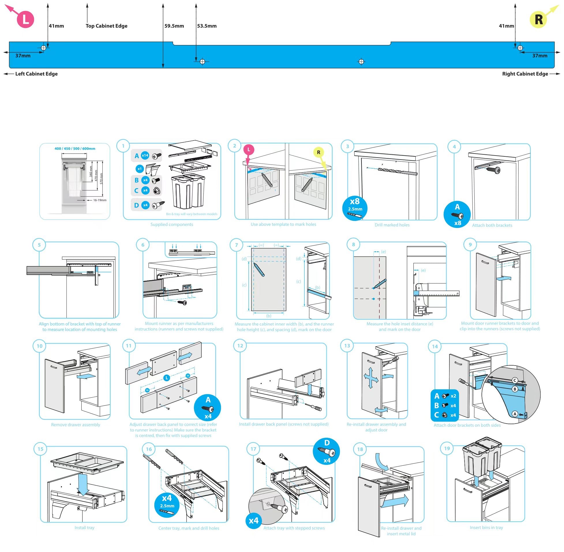 pull-out kitchen bin 2x18L for 350mm cabinet
