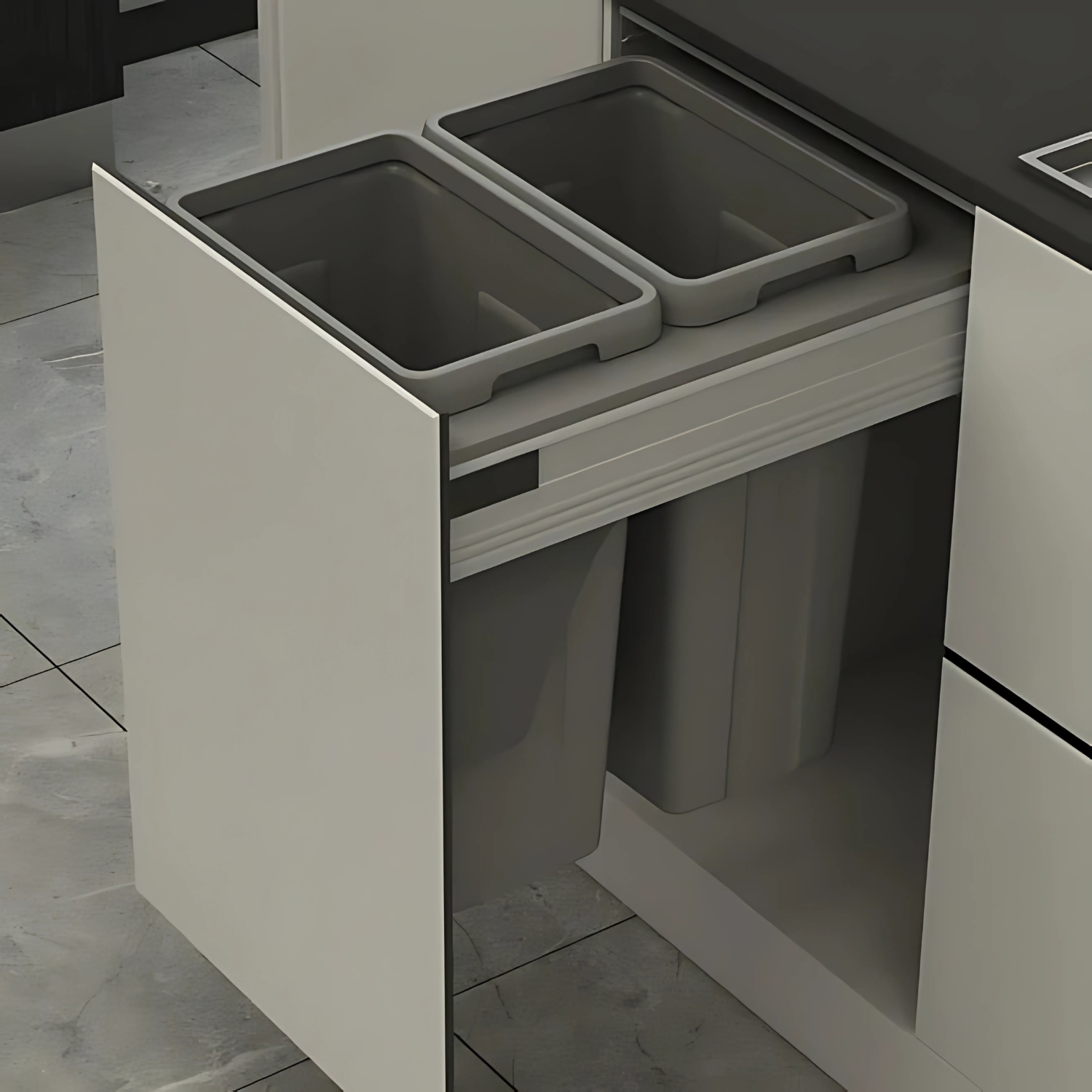 Pull-Out Kitchen Bin in 450mm Cabinet with dual 21L compartments, ideal for kitchen organization and waste management. Stylish and practical.