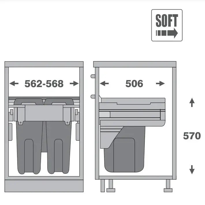 Pull out bin for 600mm cabinet featuring 2x35L bins, ideal for kitchen storage.
