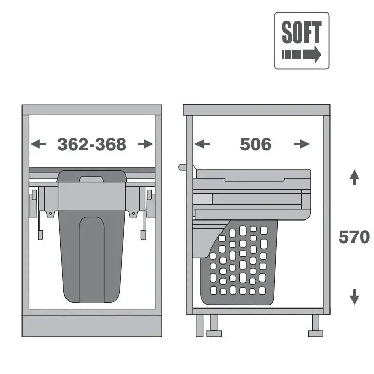 Illustration of 400mm pull-out hamper with 40L basket, ideal for laundry storage.