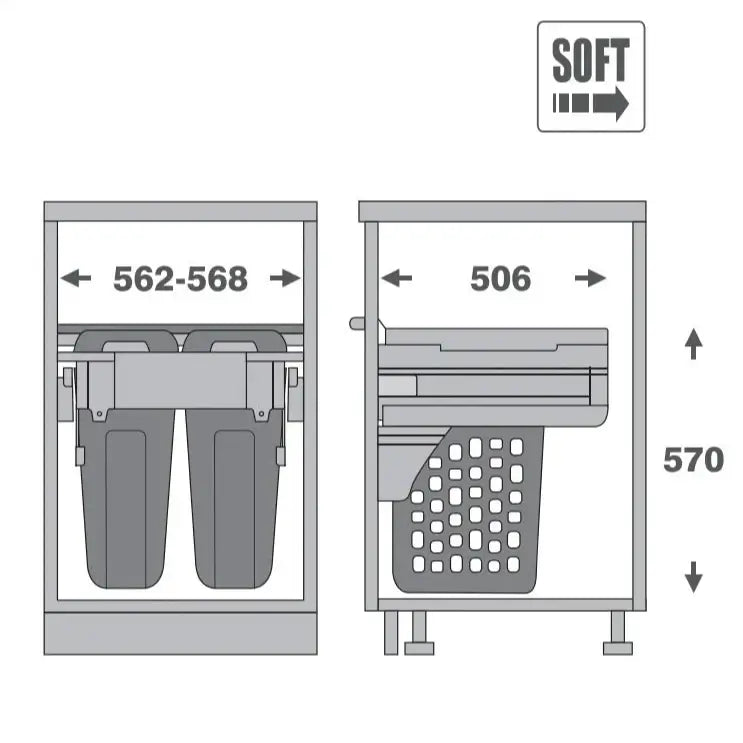 Pull Out Hamper with 2x35L baskets, 600mm cabinet design, space-saving storage solution for kitchen or laundry.
